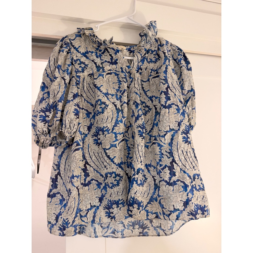 Ulla Johnson Two Piece Set Women Blue White Excellent Floral Ruffle Puff Sleeve